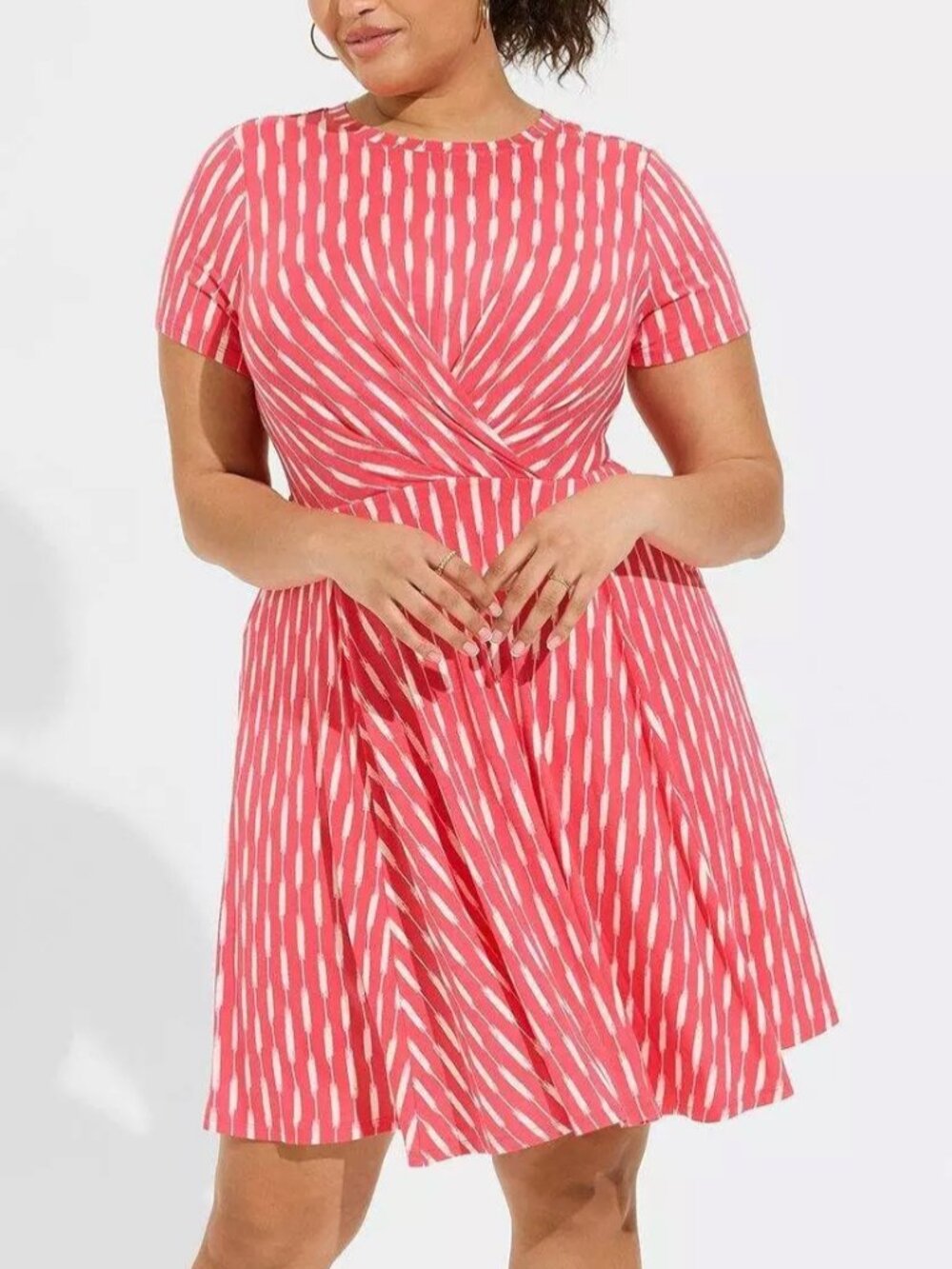 TORRID 0 Plus Size Skater Mini Dress Ikat Coral Pink Short Sleeve Fit Flare Work